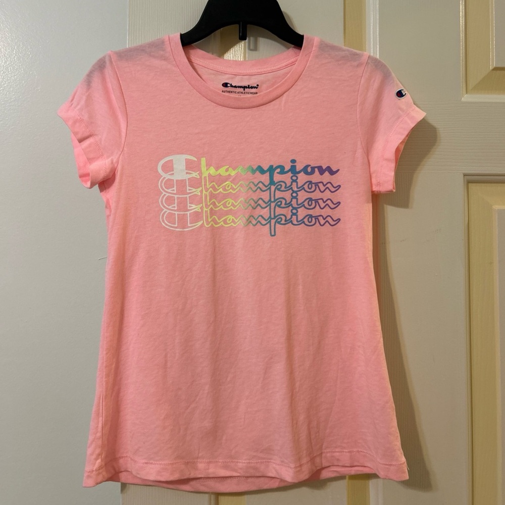 Champion Light Pink Tee with Multicolor Logo